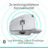 A close-up side view of a white and gray Logitech mouse with concentric circles indicating connectivity. Produktbild-Vorschau