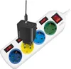 A white power strip with multiple outlets and switches, with a black USB charger plugged into one of the outlets. Náhled obrázku produktu