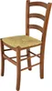 A wooden chair with a straw seat is shown against a white background.