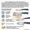 Infografik zur Messerpflege auf beigem Hintergrund mit fünf Schritten und Symbolen zur richtigen Reinigung und zum Rostschutz von Stahlklingen. Produktbild-Vorschau
