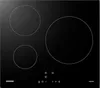 A top-down view of a black induction cooktop with three heating elements. Voir les images du produit