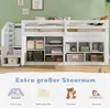 A white bunk bed with storage shelves and drawers, set against a green wall. The image also includes illustrations of clothing, bedding, dolls, and books. Voir les images du produit