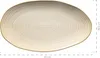 A beige and white oval serving platter with concentric circular patterns, shown from a slightly elevated side angle. Dimensions are indicated with dashed lines and text. Produktbild-Vorschau