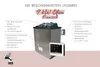 A marketing image showcasing a sauna oven with accompanying feature descriptions. Produktbild-Vorschau