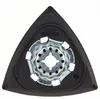 A close-up, top-down view of a triangular sanding pad with a metal attachment in the center. Produktbild-Vorschau