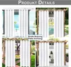 Collage of images showing white outdoor curtains installed in different settings, including by a pool and on a patio. Produktbild-Vorschau