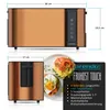 A copper toaster with dimensions and features listed, alongside a plate of food. Voir les images du produit