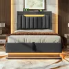 A modern bed with integrated LED lighting and a headboard with a yellow accent. Podgląd zdjęcia produktu
