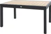 A rectangular outdoor dining table with a slatted wood-look tabletop and dark gray metal legs, isolated on a white background. Produktbild-Vorschau