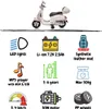 A collage of icons and text describing the features of a children's electric scooter, with a picture of the scooter at the top. Voir les images du produit