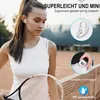A woman on a tennis court wearing earbuds, with marketing text and close-up images of the earbuds. Produktbild-Vorschau
