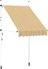 A retractable awning with yellow, blue, and white stripes, supported by white poles. Podgląd zdjęcia produktu