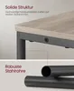 Close-up of a table's edge and legs, with text highlighting its solid structure and robust steel tubes. Produktbild-Vorschau