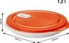 A white and orange microwave plate with a lid, shown from a slightly elevated side angle. Dimensions are indicated by arrows and text. Produktbild-Vorschau