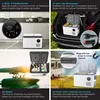 Collage of images showing a portable cooler/refrigerator in various settings: in a kitchen, in a car trunk, on a boat, and next to a camper. Each image highlights a different use case or feature. Produktbild-Vorschau
