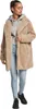 A woman is posing in a studio setting wearing a beige sherpa coat over a gray hoodie and light blue jeans. Produktbild-Vorschau