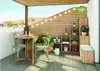 A balcony with a wooden shelf unit filled with plants, a small table and chairs, and string lights. Voir les images du produit