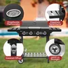 A gas grill is shown outdoors with several callouts highlighting its features. Produktbild-Vorschau