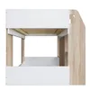 A close-up, side view of a white and wood bunk bed frame, showing the slatted base and the side panels. Produktbild-Vorschau