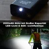 A portable air compressor with an LED light and SOS function is shown in use by a cyclist at night. Produktbild-Vorschau