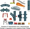 A collection of toy train tracks, a train engine, and carriages laid out on a white background, with text describing the contents. Náhled obrázku produktu