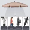 A collage of images showing a taupe umbrella and close-ups of its features, with a person carrying it in a protective sleeve. Produktbild-Vorschau