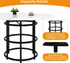 A close-up of a round dining table with a marble-like top and a black metal base, with inset images highlighting its features. Produktbild-Vorschau