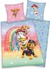 A collection of Paw Patrol themed bedding items, including pillowcases and a duvet cover, featuring cartoon characters and colorful designs. Podgląd zdjęcia produktu