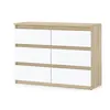 A modern, handle-less dresser with six drawers, featuring a wood-tone frame and white drawer fronts, displayed against a white background. Produktbild-Vorschau