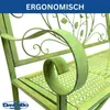 Close-up of a green metal garden bench armrest with decorative scrollwork and leaf motifs. The bench has a woven seat. Podgląd zdjęcia produktu
