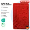 A display of red bath mats of various sizes, with feature icons and text. Produktbild-Vorschau
