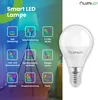 Collage of icons and text describing smart lamp features, with a product image of a smart LED bulb. Produktbild-Vorschau