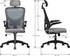 Front and side views of an ergonomic office chair with dimensions labeled. Produktbild-Vorschau