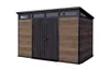 A modern garden shed with a wood-like exterior and dark doors and roof. Náhľad obrázku produktu