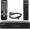 A product shot of a digital receiver and its accessories, including two remote controls and an HDMI cable, arranged on a white background. Produktbild-Vorschau