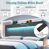 A diagram showing charging stations within reach of a bed, with icons for mobile phones, iPads, reading lamps, and headphones, and a close-up of a USB charging port. Produktbild-Vorschau
