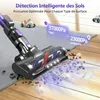 A vacuum cleaner head on a rug and wooden floor with debris being picked up, illustrating different suction powers for different surfaces. Voir les images du produit