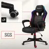 A gaming chair with RGB lighting and a close-up of its wheel and a certification logo. Anteprima dell’immagine prodotto