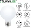 A white LED light bulb with several feature icons and text. Produktbild-Vorschau