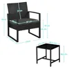 A diagram showing the dimensions of a black rattan chair and a black side table. Podgląd zdjęcia produktu