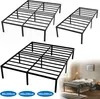Three black metal bed frames of different sizes are shown against a white background, with a bedroom scene in the lower right corner. Náhled obrázku produktu