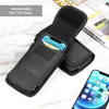 A black nylon belt pouch for a smartphone is shown open with a smartphone inside, and another smartphone is placed on a marble-like surface next to it. A book is visible in the background. Produktbild-Vorschau
