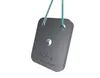 A square gray metal plate with a hole in the center, suspended by two green cords. Produktbild-Vorschau