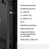 A close-up view of the back panel of a television, showing various ports and a list of its features. Produktbild-Vorschau