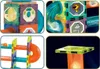 A collage of four close-up images showing different aspects of magnetic building blocks and a marble run. Náhľad obrázku produktu