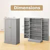 A grey storage cabinet with its doors open, showing shelves and dimensions indicated by lines and text. Podgląd zdjęcia produktu