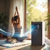 A woman is doing yoga in a room with a portable air conditioner and a cat. Produktbild-Vorschau