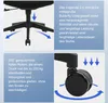 Close-up views of a black office chair's base and wheels, with accompanying German text describing features. Produktbild-Vorschau