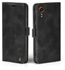 A black flip case for a smartphone is shown from the side and back. Produktbild-Vorschau