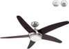 A ceiling fan with dark brown blades and a silver fixture is shown against a white background. Two circular icons with white text and grey backgrounds are in the upper right corner. Produktbild-Vorschau